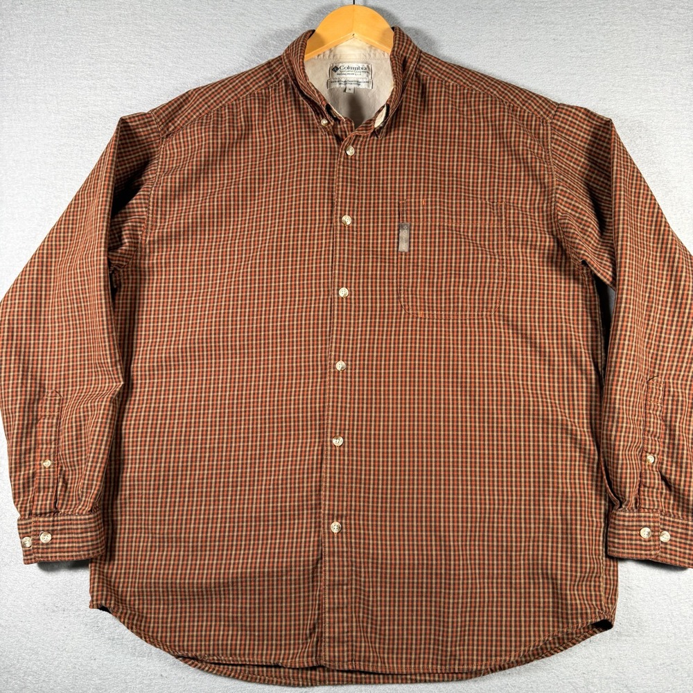 Columbia Sportswear Mens XL Brown Orange Plaid Cotton Button Down Shirt AM7870